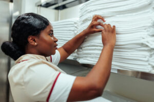 Industrial Washers New York, Side profile of uniformed African-American hotel staff counting clean bed sheets in the laundry